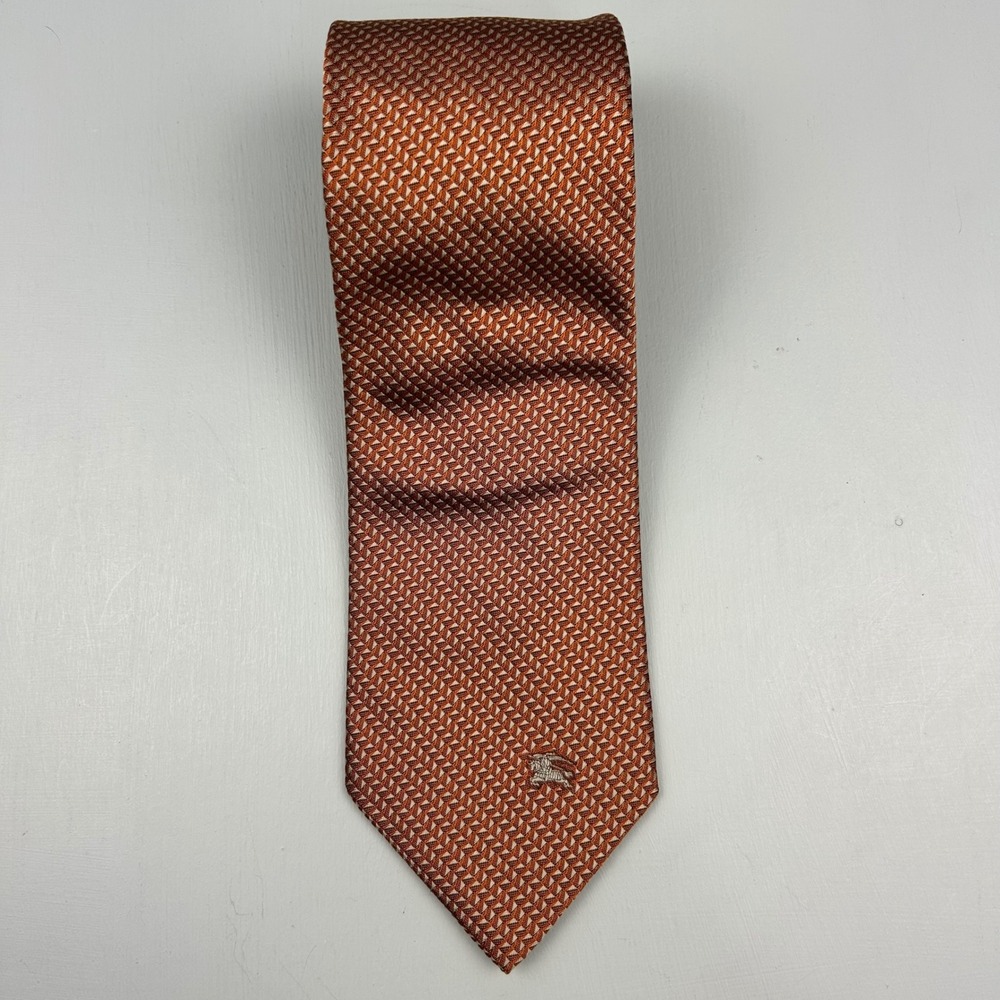 Burberrys of London Mens Silk Tie Rust Orange Geometric Weave Made in Italy